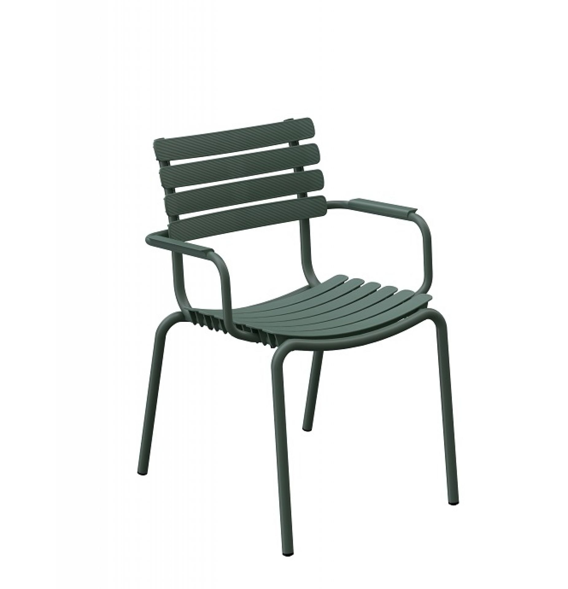 Olivengrüner ReClips Outdoor Dining Chair Stuhl von Houe mit Aluminium Armlehnen. Gartenstuhl für den Außenbereich.