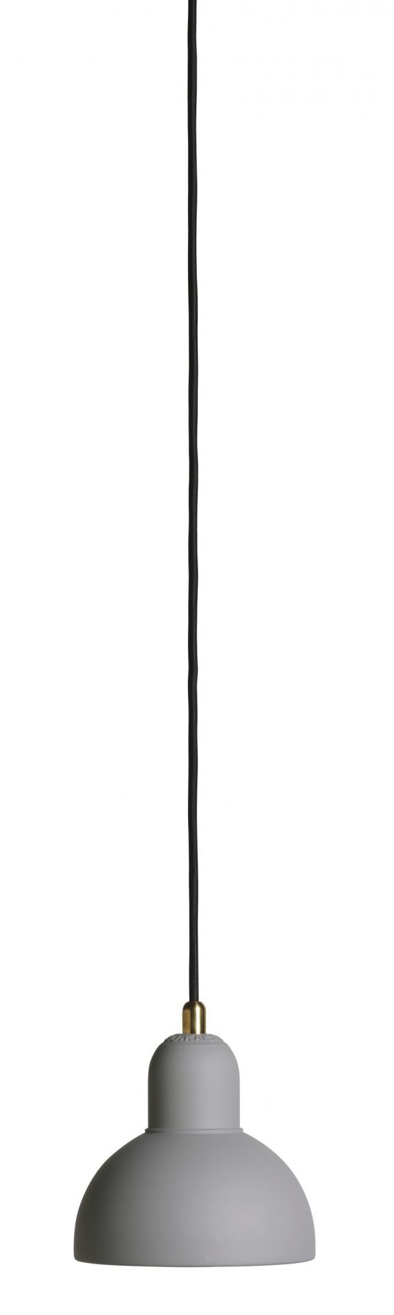 Graue Fritz Hansen Pendelleuchte 6722-P mit schwarzem Kabel und Messing-Detail, modernes Design.