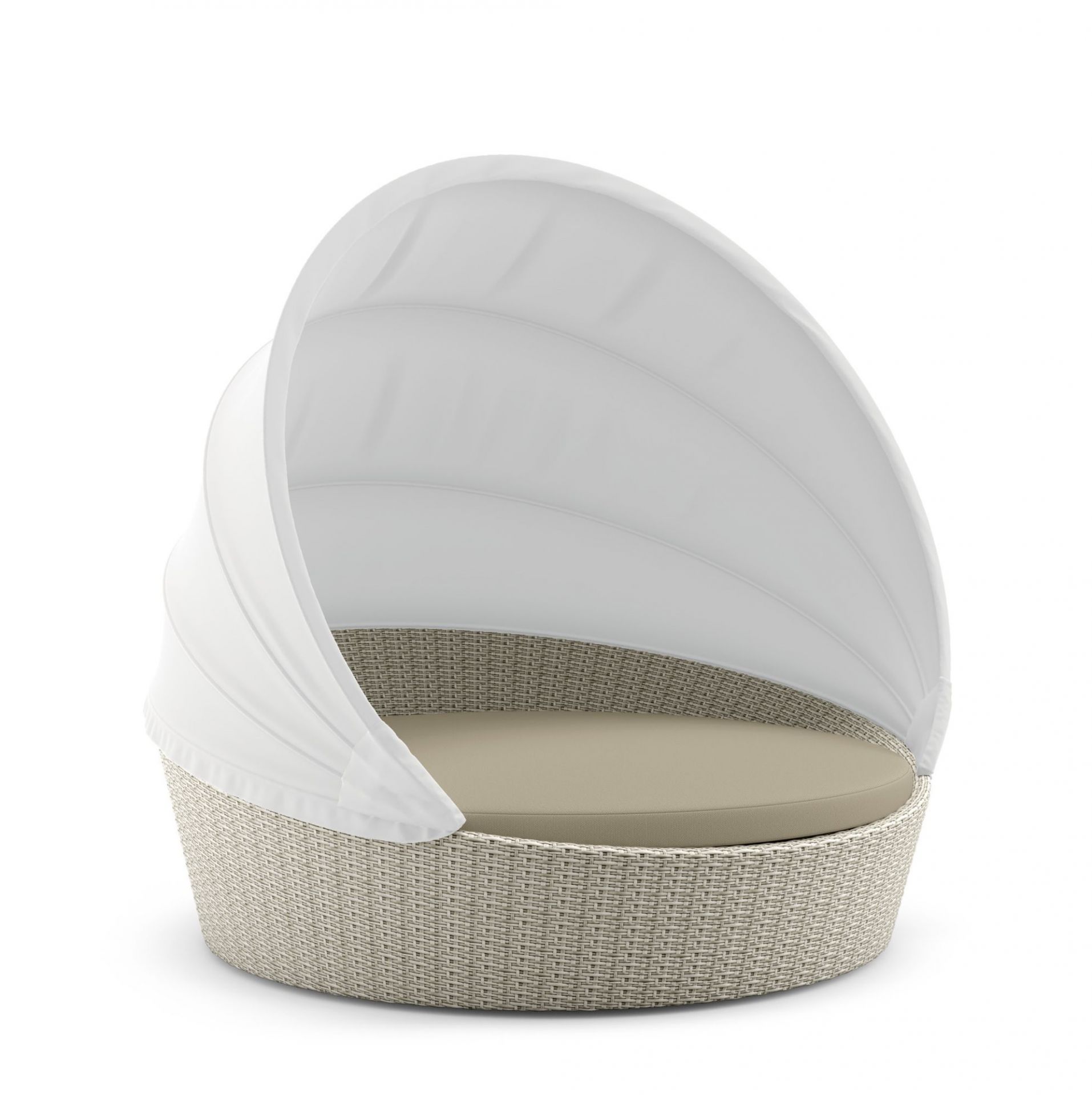 Orbit Sofainsel von Dedon mit weißem Verdeck: Runde Outdoor-Lounge mit Rattan und beigem Kissen.