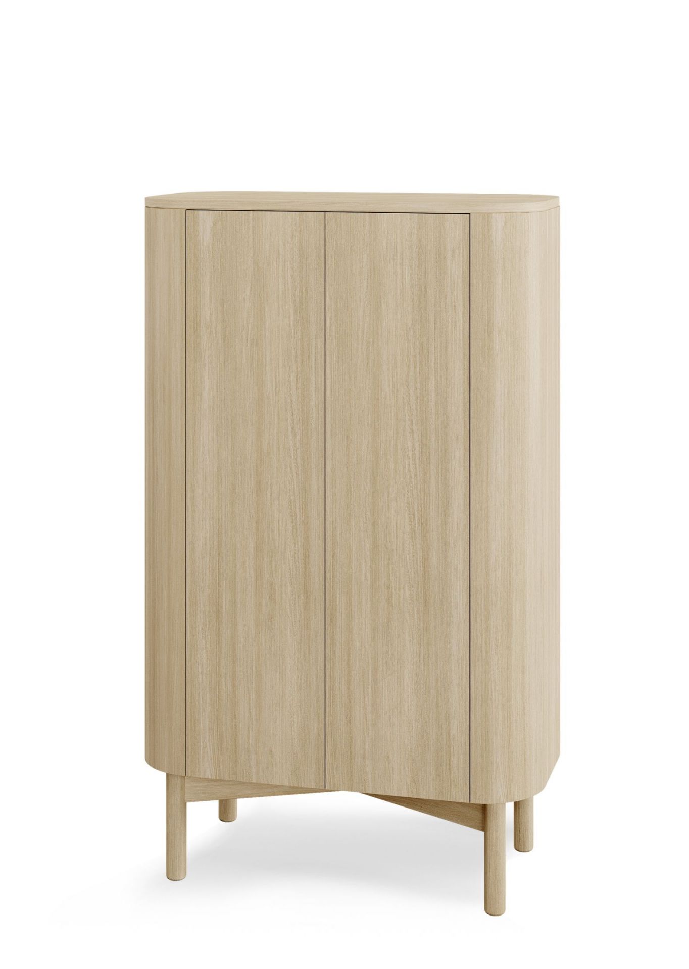 Loud Schrank Eiche hell: Moderner Holzschrank mit drei Türen und filigranen Füßen.