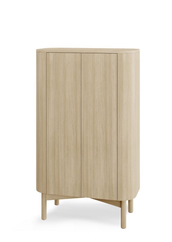 Loud Schrank Eiche hell: Moderner Holzschrank mit drei Türen und filigranen Füßen.