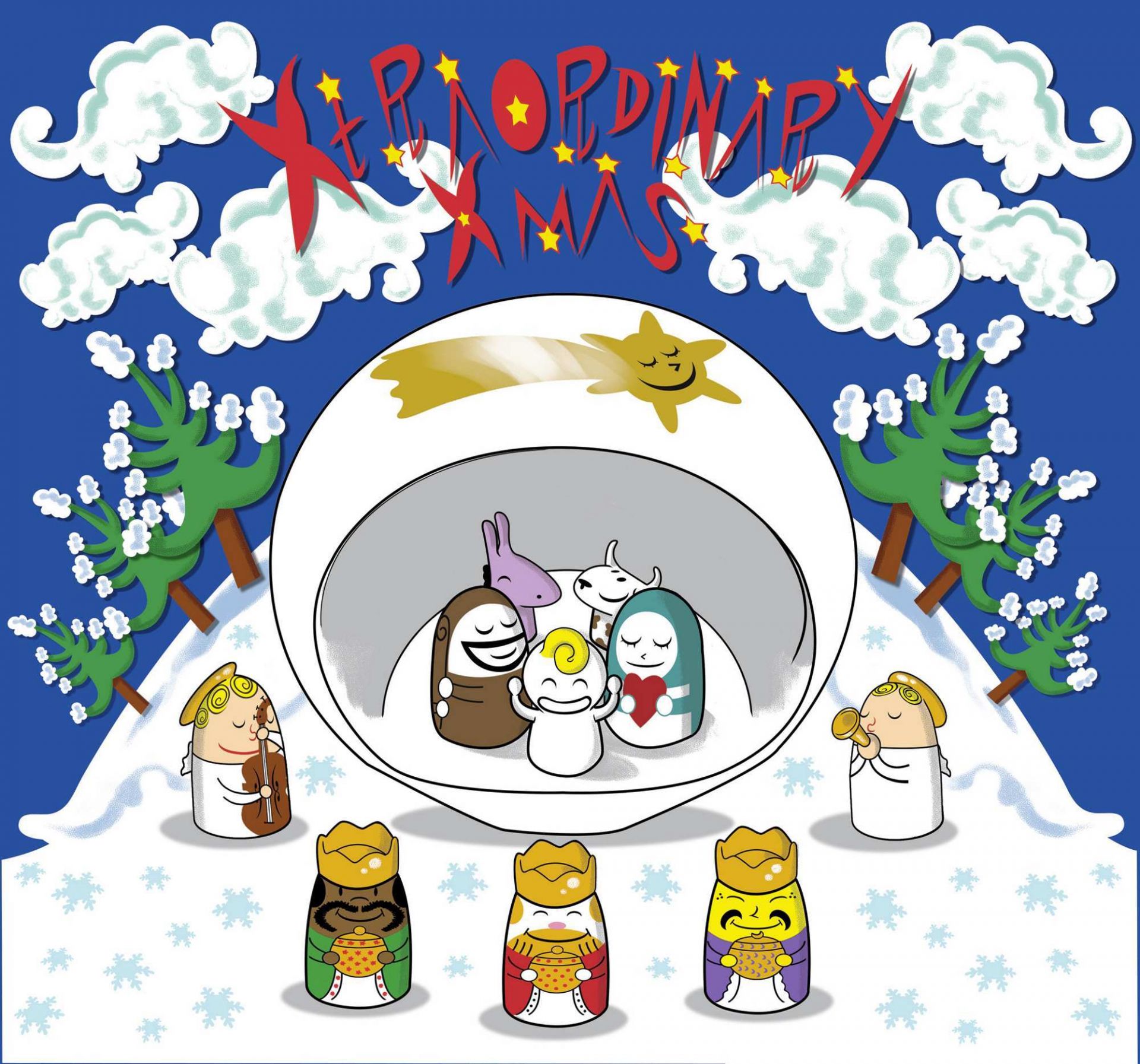 Alessi Weihnachtskrippe: Cartoonartige Darstellung der Heiligen Familie, der drei Könige und eines Engels.