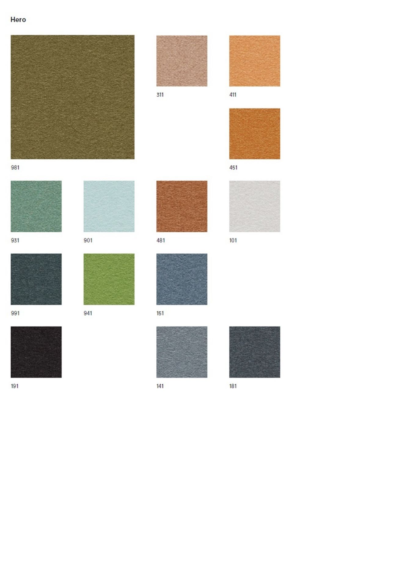 Stoffmusterkarte Hero von Kvadrat mit verschiedenen Farbvarianten und Nummern für Möbelstoffe und Polsterstoffe.