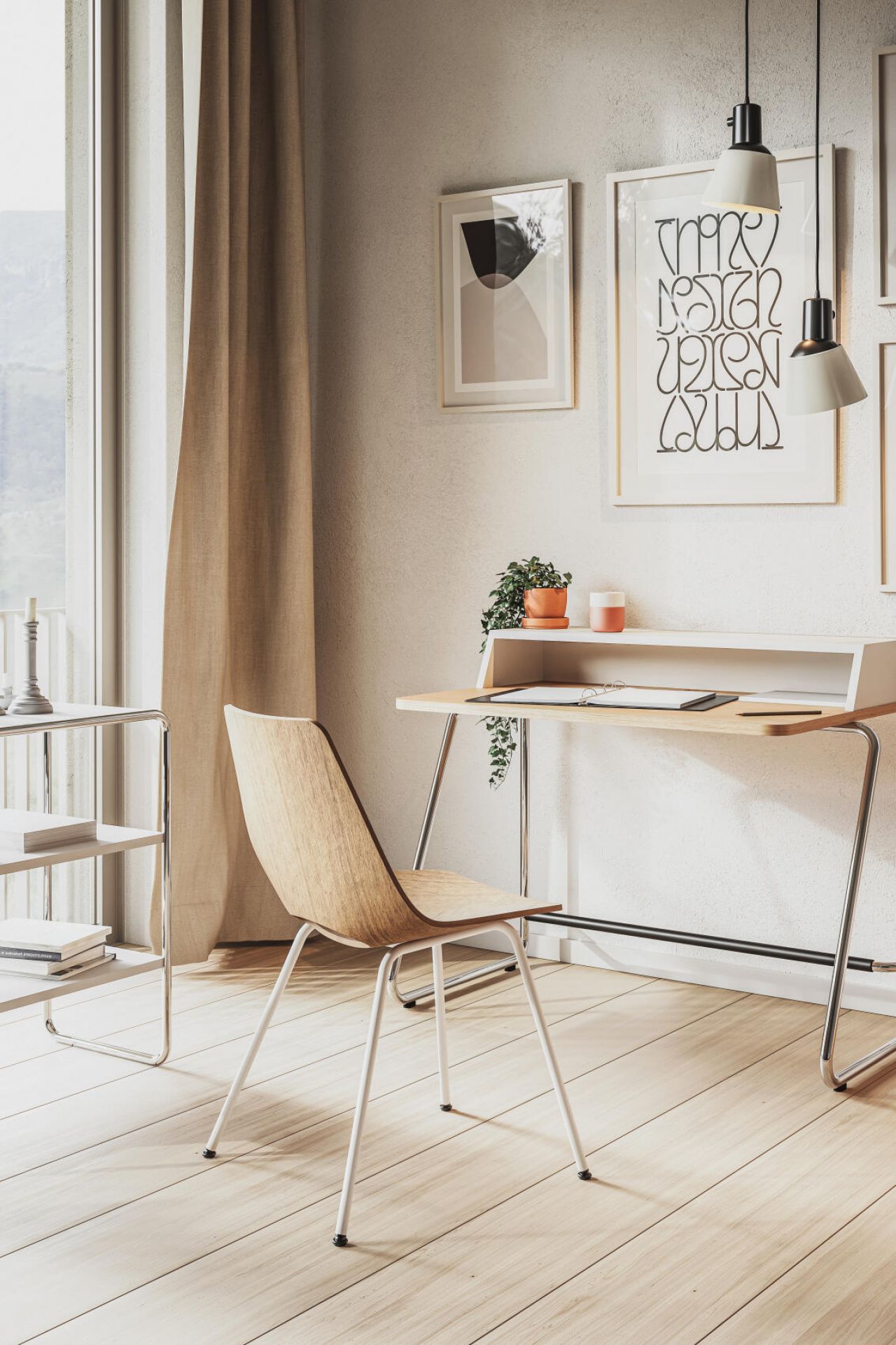 S 661 Stahlrohrstuhl von Thonet am Schreibtisch, helles Holz, minimalistisches Design für Büro und Wohnraum.