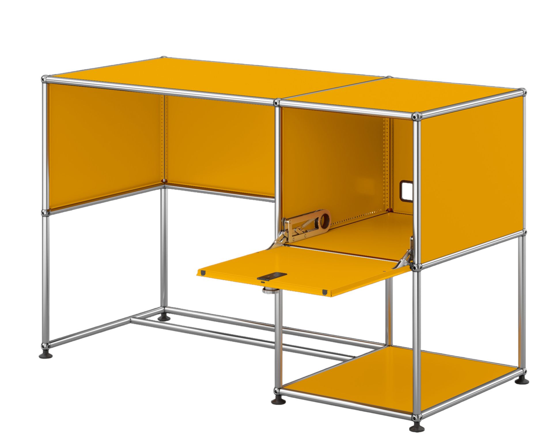 Goldgelber USM Haller Schreibtisch mit Ausziehtür, modernes modulares Design für Büro und Arbeitszimmer.