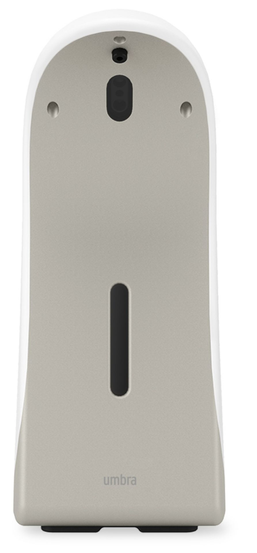 Weiß-nickel Umbra Emperor Seifenspender mit Sensor und Füllstandsanzeige für berührungslose Händedesinfektion.