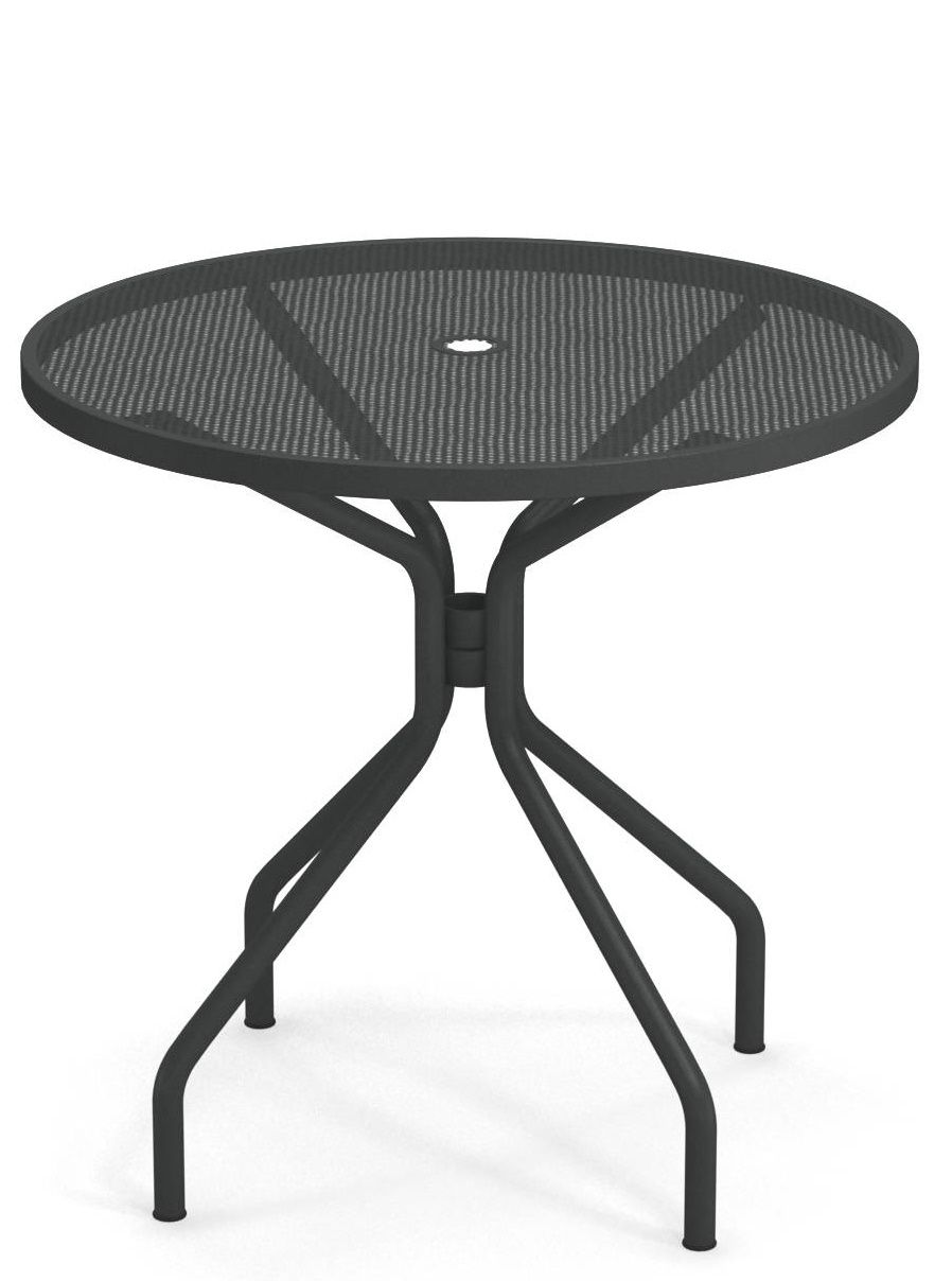 Abbildung des runden, schwarzen Cambi Tischs von Emu für den Außenbereich mit Metallgestell.