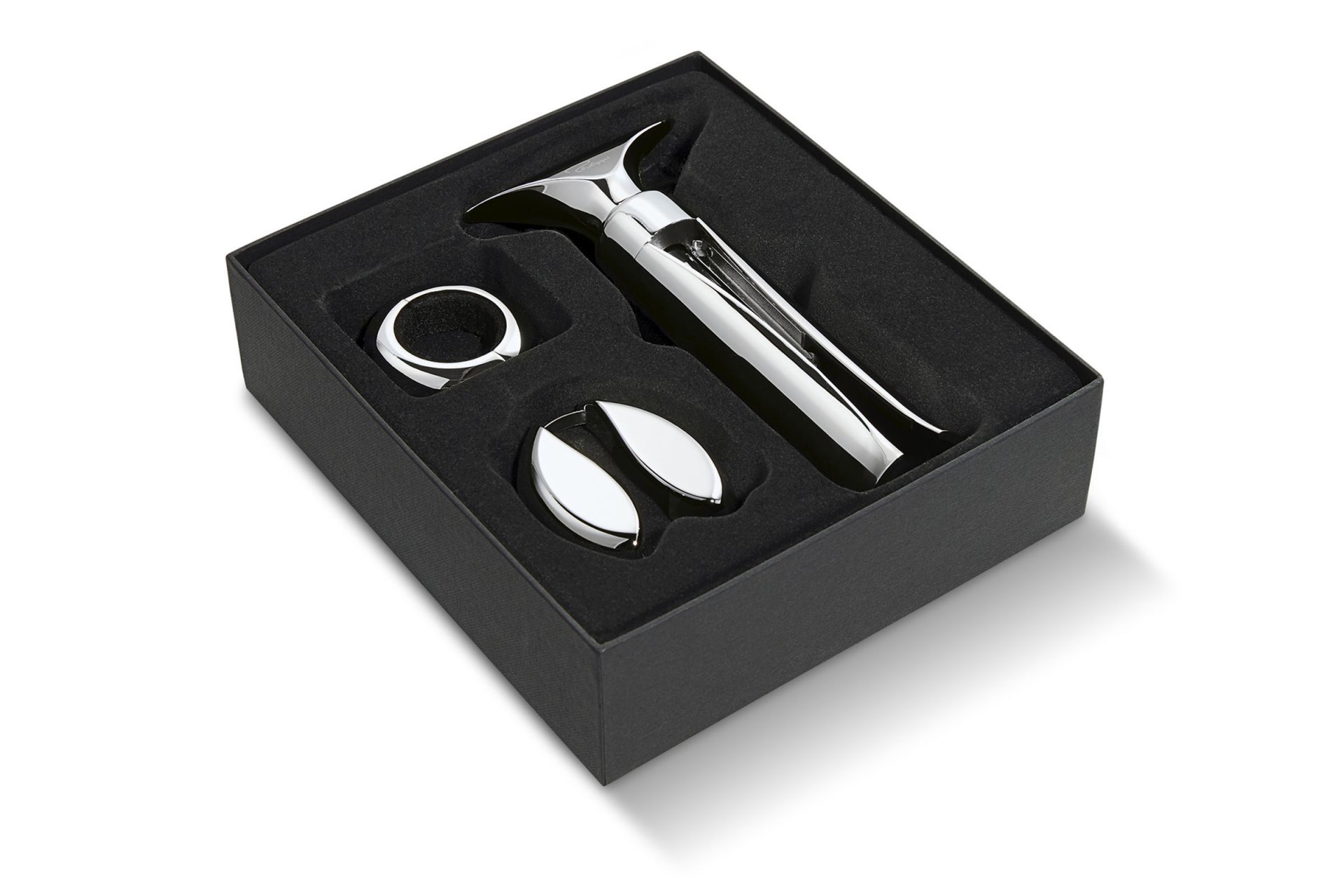 Luca Weinset: Elegantes 3-teiliges Wein-Zubehör Set in schwarzer Geschenkbox mit Korkenzieher, Tropfschutz und Flaschenverschluss.