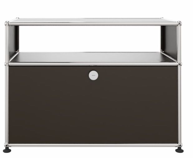 USM Haller Beistellmöbel in Braun mit Schublade und offenem Fach, modernes Designmöbel.