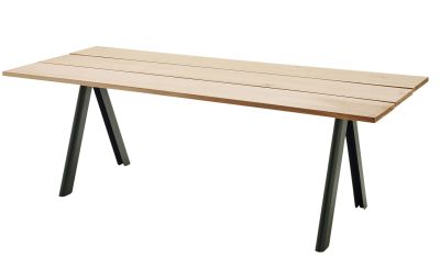 Overlap Table von Skagerak by Fritz Hansen: Outdoor Tisch mit Holzplatte und grünen Beinen.