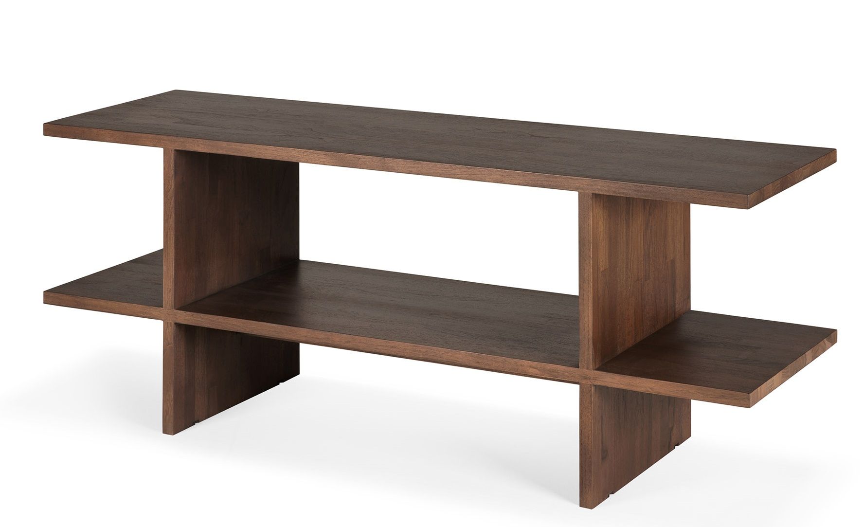 Kabuki Beistelltisch: Moderner Holztisch mit zwei Ebenen und minimalistischem Design.