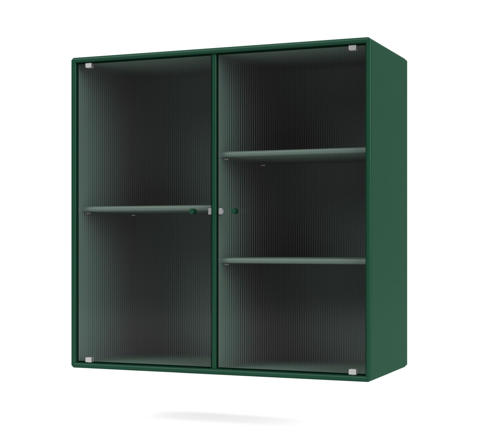Grüner Ripple II Wandschrank mit Glastüren und Regalen für Wohnzimmer und Esszimmer.