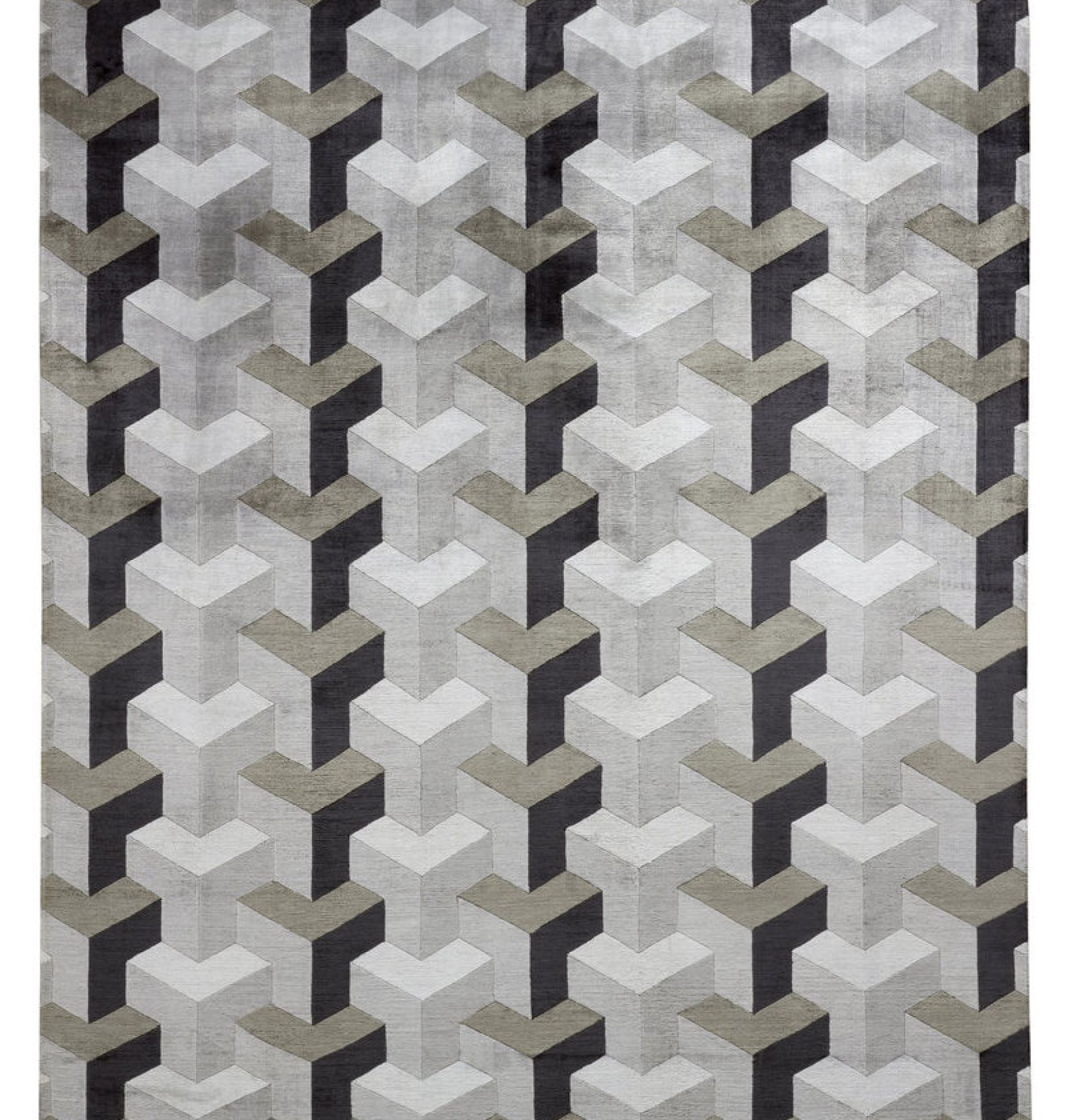 Verner Panton Teppich Ypsilon Silk: Moderner Designerteppich mit grafischem 3D-Muster in Grau- und Schwarztönen.