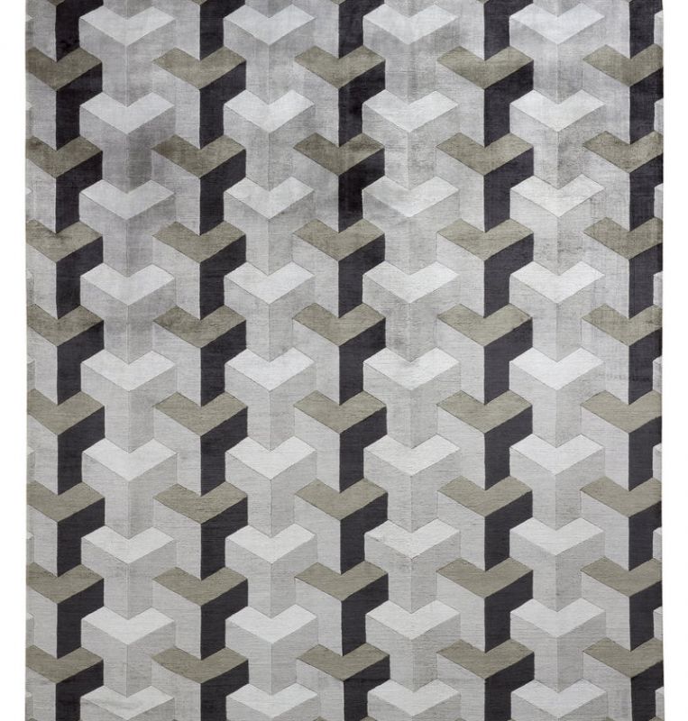 Verner Panton Teppich Ypsilon Silk: Moderner Designerteppich mit grafischem 3D-Muster in Grau- und Schwarztönen.