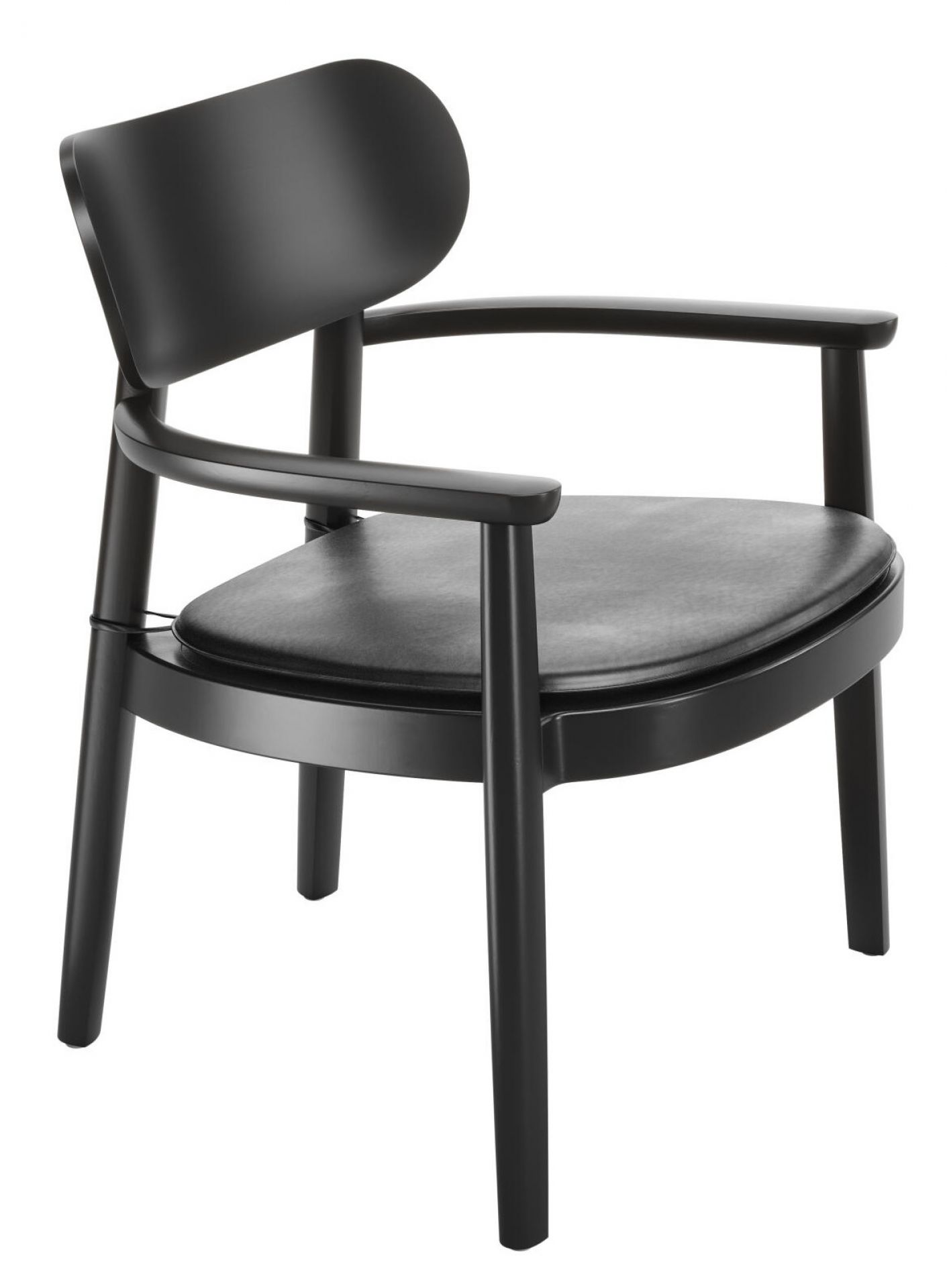 Schwarzer Holzsessel mit Armlehnen und Polsterauflage. Sitzkissen für Thonet Stuhl 119 PA.