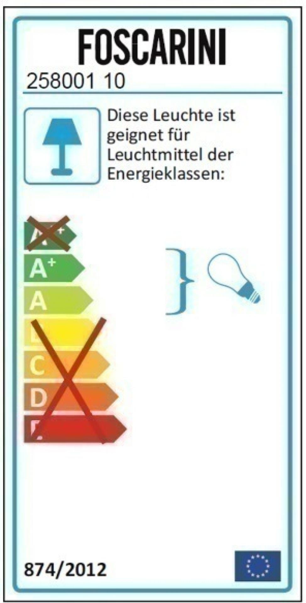 Energielabel der Foscarini Leuchte. Geeignet für Leuchtmittel der Energieklassen A+ bis A.