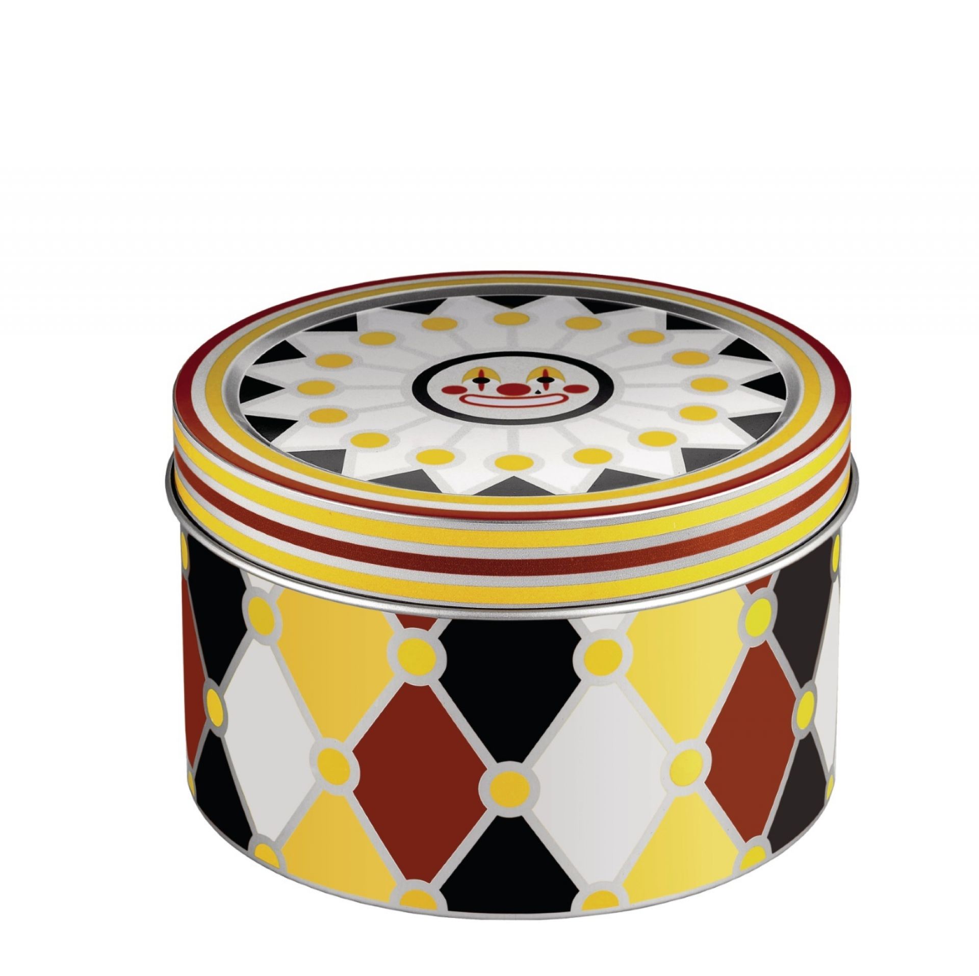 Alessi Circus Metalldose: Runde Dose mit Clown-Motiv und bunten Rauten, ideal zur Aufbewahrung.