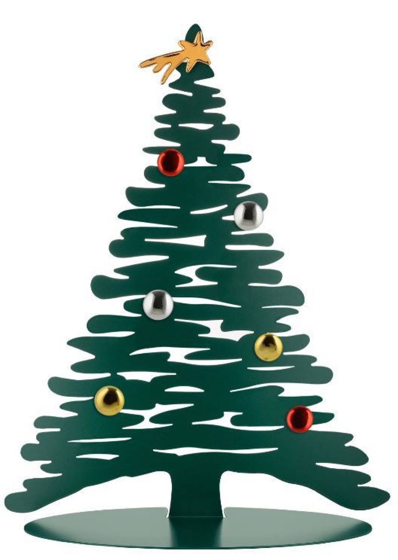 Alessi Bark for Christmas: Grüner, stilisierter Weihnachtsbaum aus Metall mit bunten Kugeln.