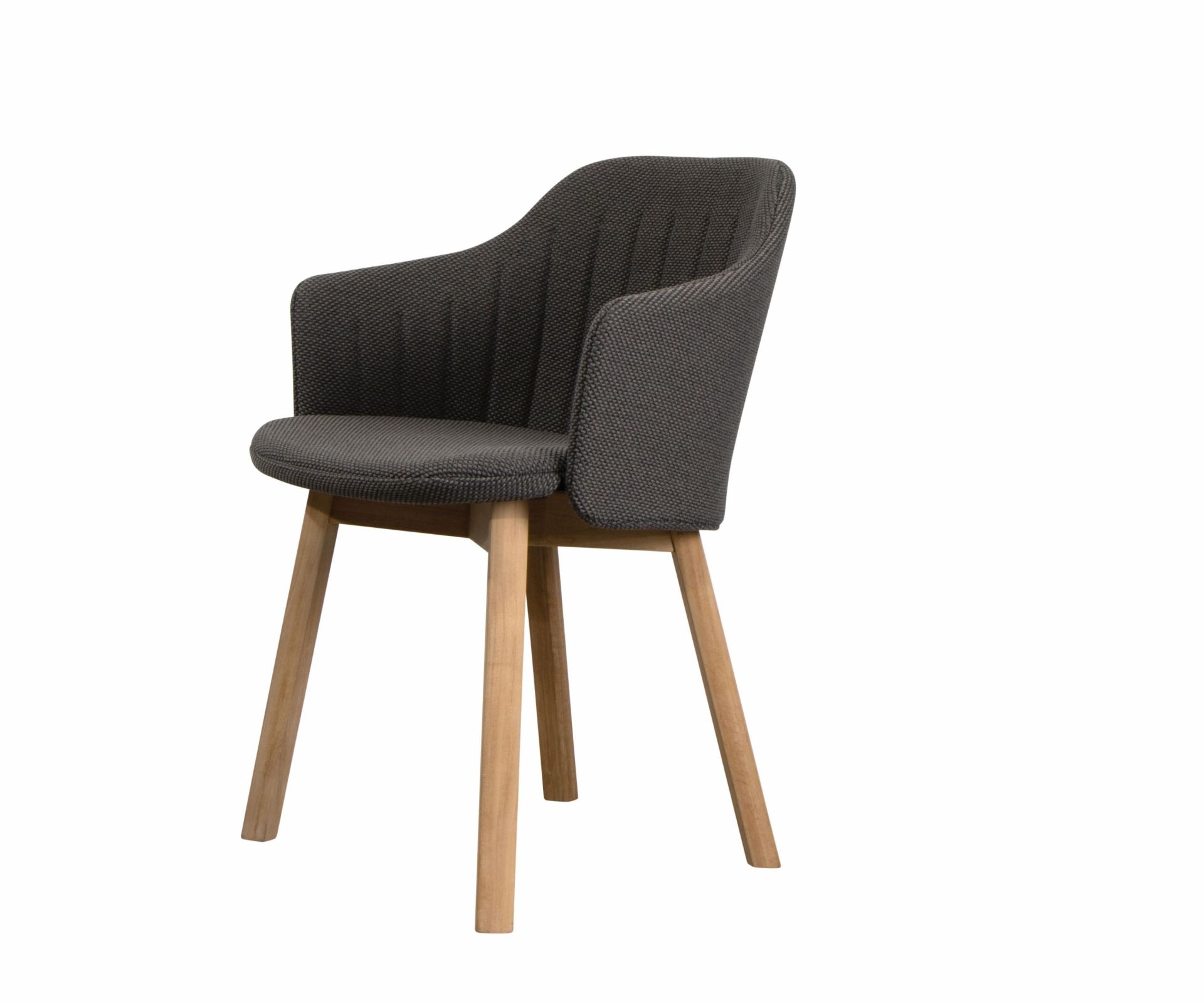 Choice Stuhl mit dunkelgrauem Rückenbezug von Cane-Line, modernes Design mit Holzbeinen.