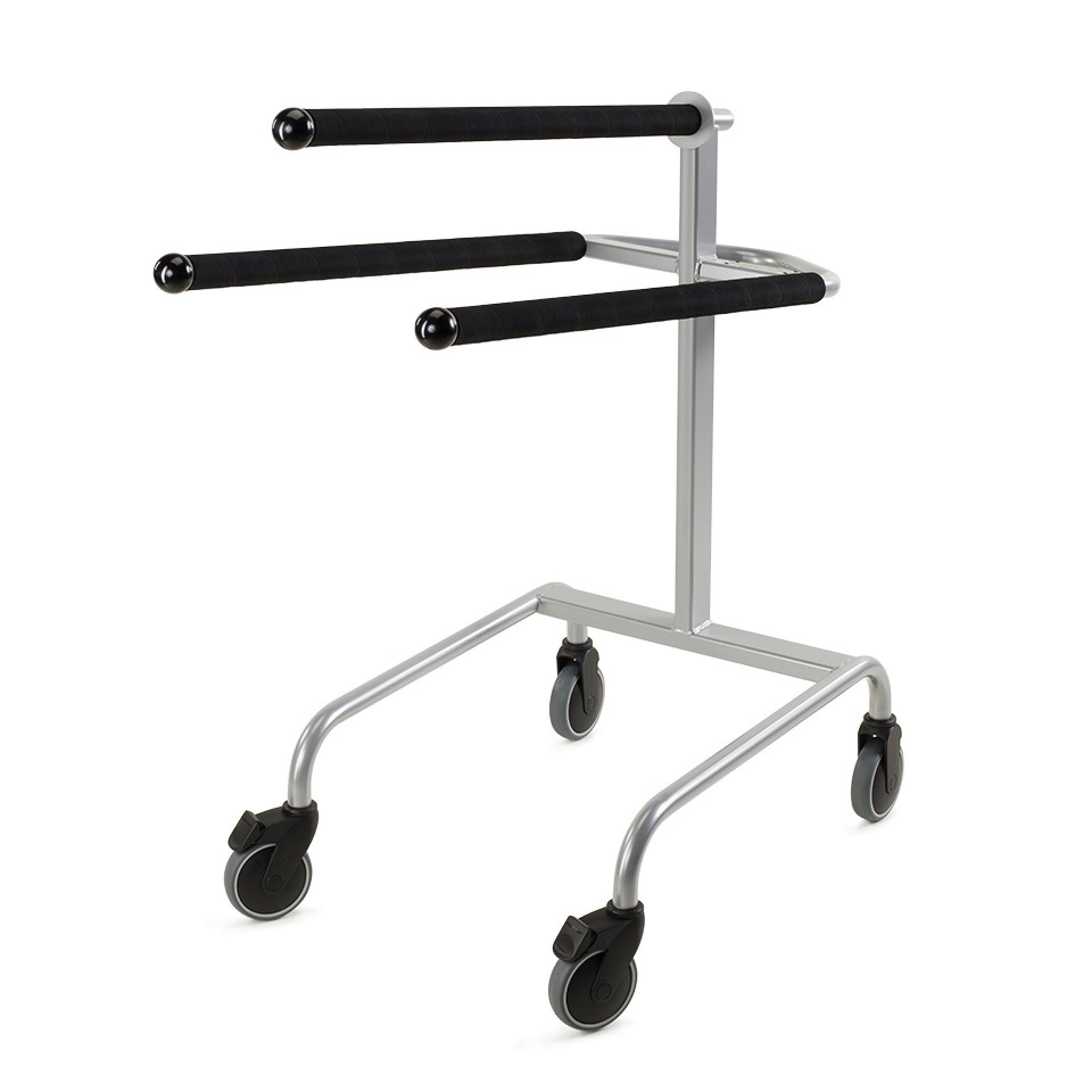 New York Museumshocker Transportwagen Lectus: Silberner Wagen mit drei gepolsterten Ablagen und Rollen.