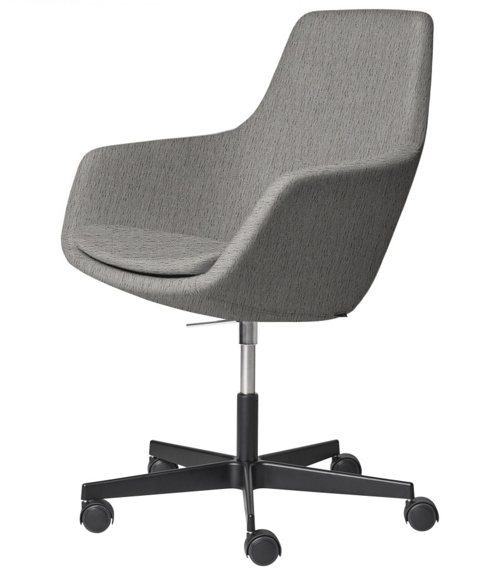 Grauer Little Giraffe Drehstuhl mit festem Bezug und schwarzem Fußkreuz mit Rollen.