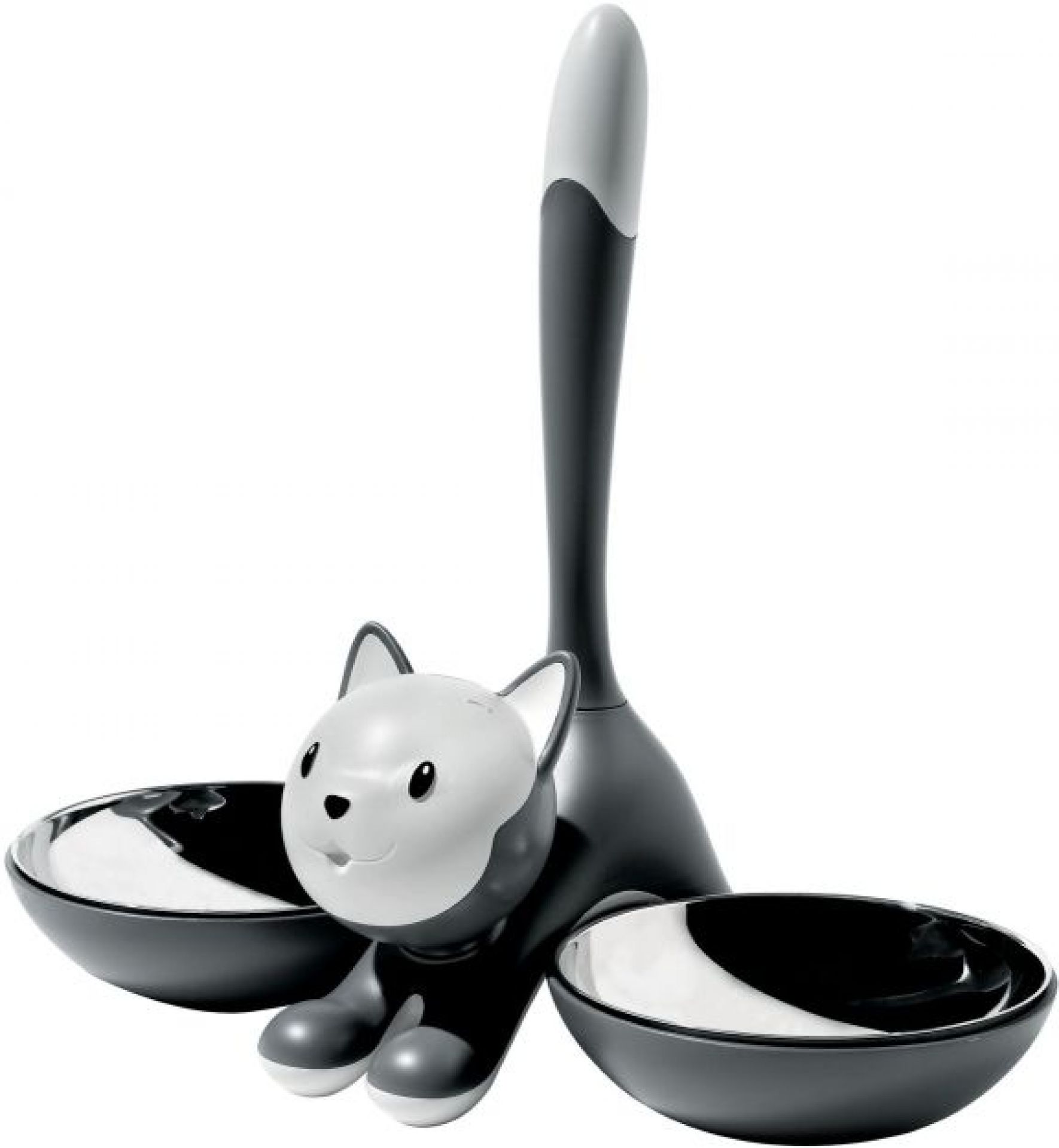 Alessi Tigrito Katzennapf: Grauer Napf mit Katzenfigur und zwei Edelstahlschalen für Futter und Wasser.