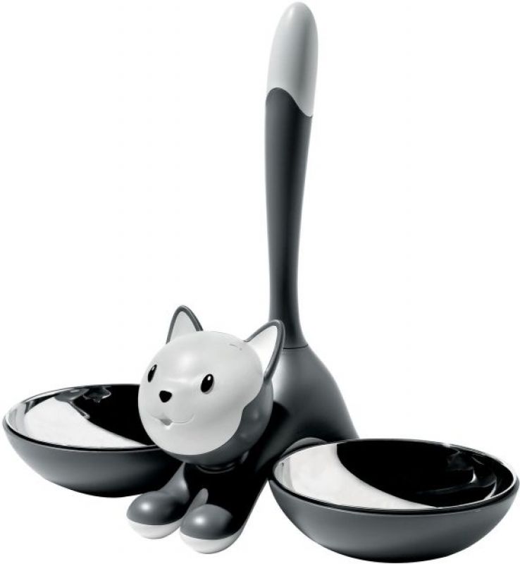 Alessi Tigrito Katzennapf: Grauer Napf mit Katzenfigur und zwei Edelstahlschalen für Futter und Wasser.