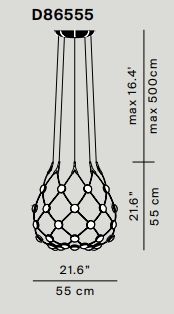 Skizze der D86 Mesh Deckenleuchte von Luceplan, Durchmesser 55cm, Kabellänge 5m, technische Zeichnung.