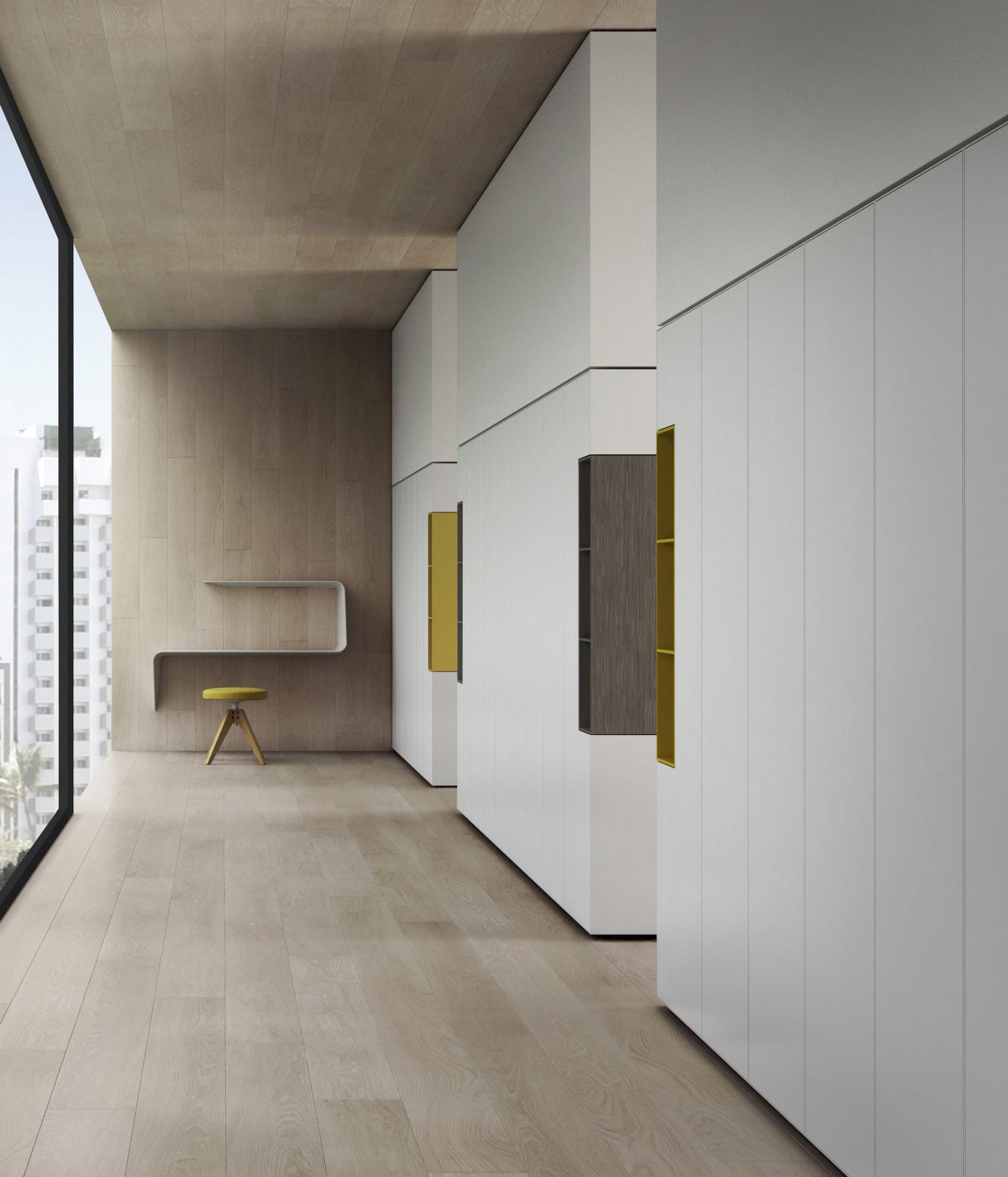 Heller Raum mit Mamba Ablage/Wandsekretär und gelbem Hocker. Modernes Design für Büro und Wohnen.