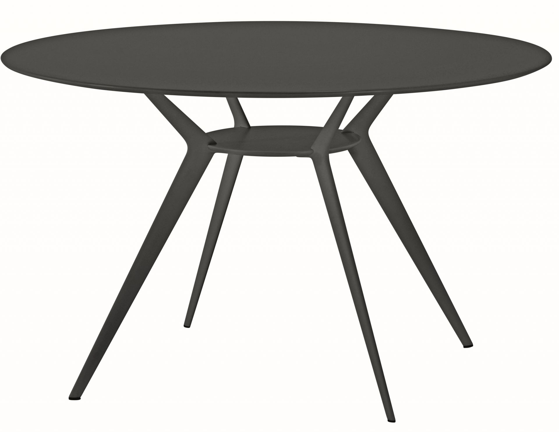 Runder, anthrazitfarbener Biplane Tisch mit filigranem Metallgestell für Esszimmer oder Küche.