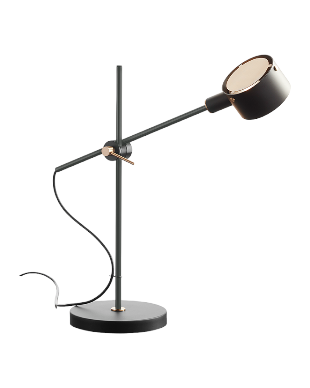 Schwarze G.O. 252 Tischleuchte von Oluce mit verstellbarem Arm und runder Basis. Moderne Schreibtischlampe.