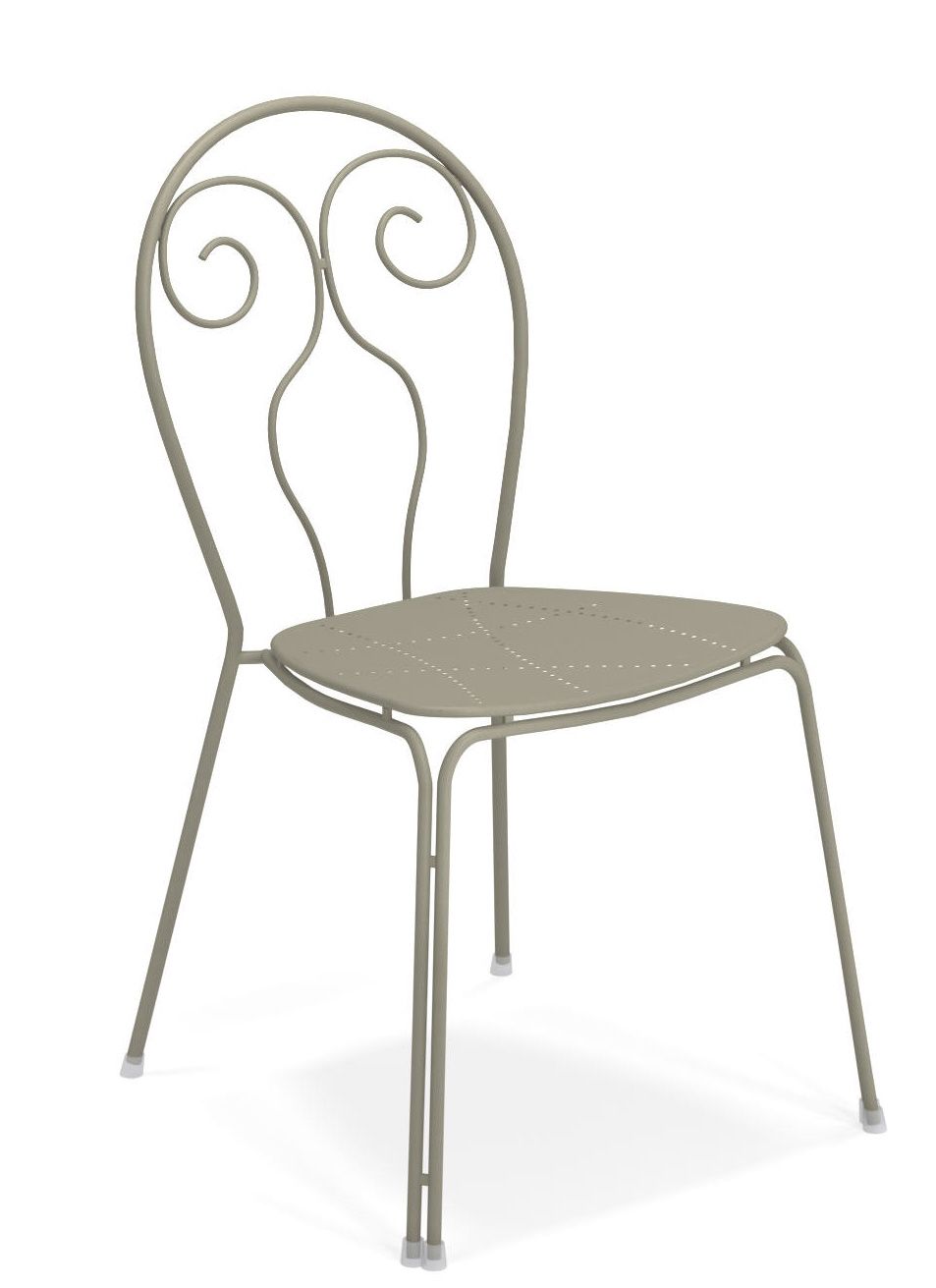 Caprera Stuhl von Emu, ein grauer Metallstuhl für den Außenbereich mit geschwungenem Rückenteil.