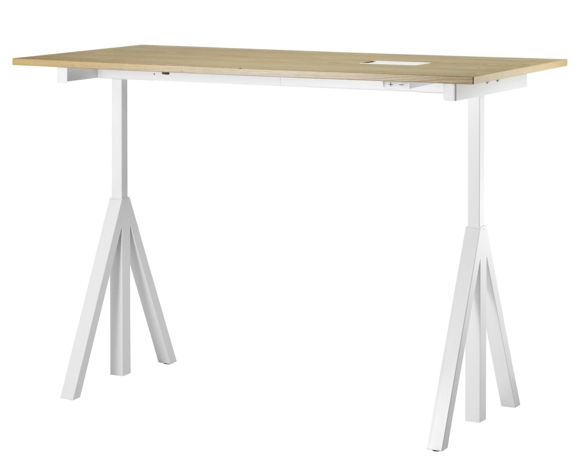 String Furniture Schreibtisch höhenverstellbar mit Eichenplatte und weißen Beinen. Ergonomischer Bürotisch für gesundes Arbeiten.