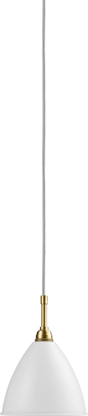 Nahaufnahme der Bestlite BL9 Pendelleuchte von Gubi in Weiß und Messing.