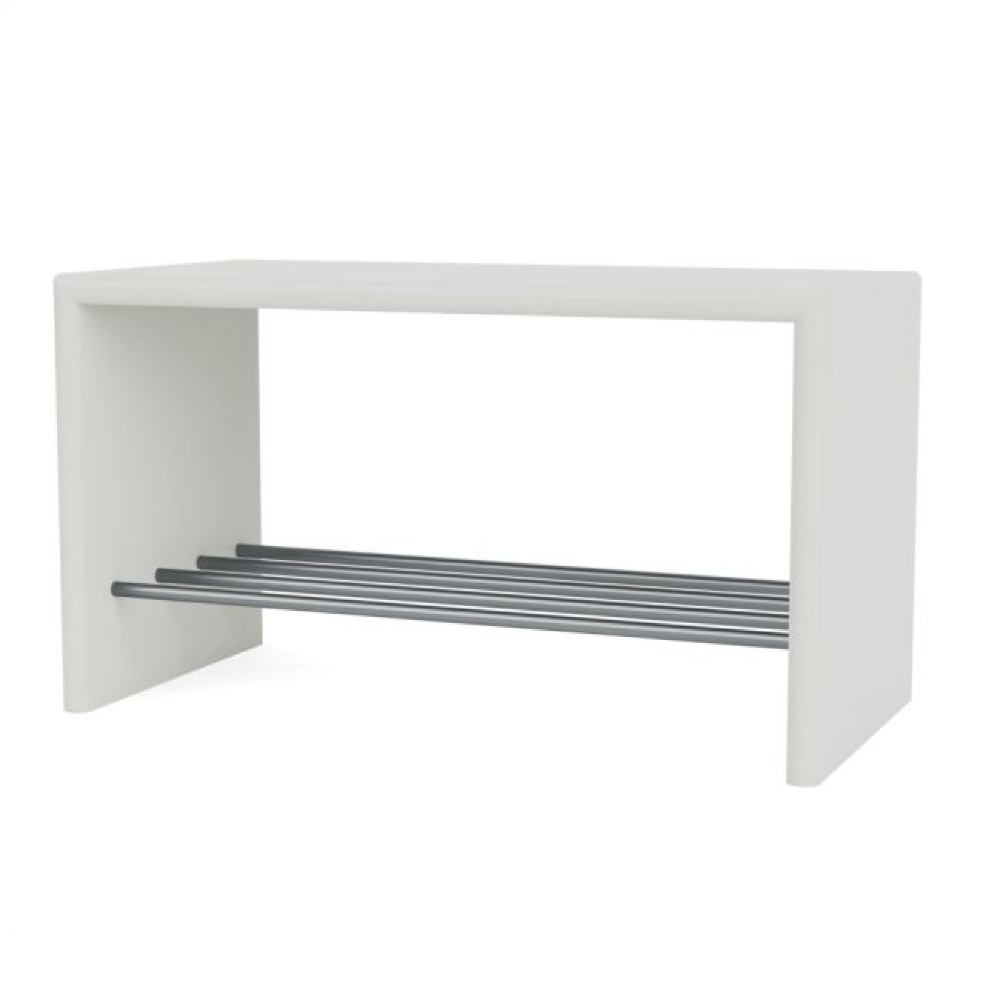 Weiße Schuhbank 80 cm im nordischen Stil mit drei Ablagestangen für Schuhe.