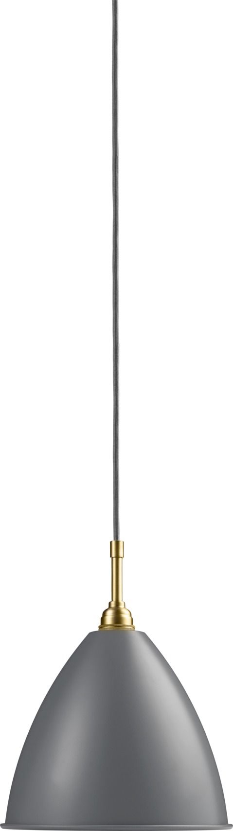 Nahaufnahme der grauen Bestlite Pendelleuchte mit Messingdetails und grauem Textilkabel.