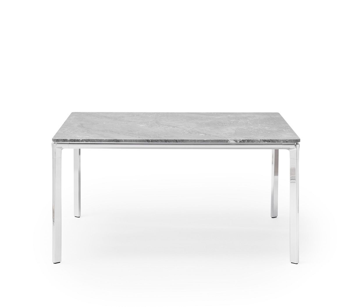 Vipp Square Couchtisch mit grauer Marmorplatte und glänzendem Chromgestell, moderne Wohnzimmermöbel.