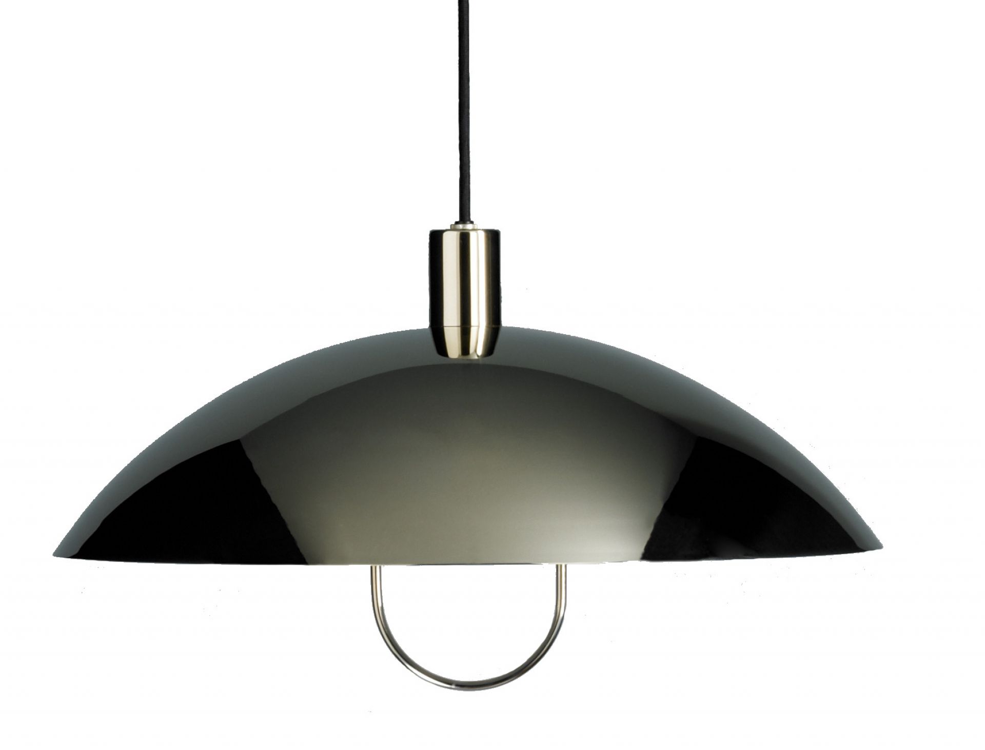 HMB 25/500 Bauhaus Pendelleuchte von Tecnolumen mit Rollenzug, schwarzer Lampenschirm und Metallbügel.