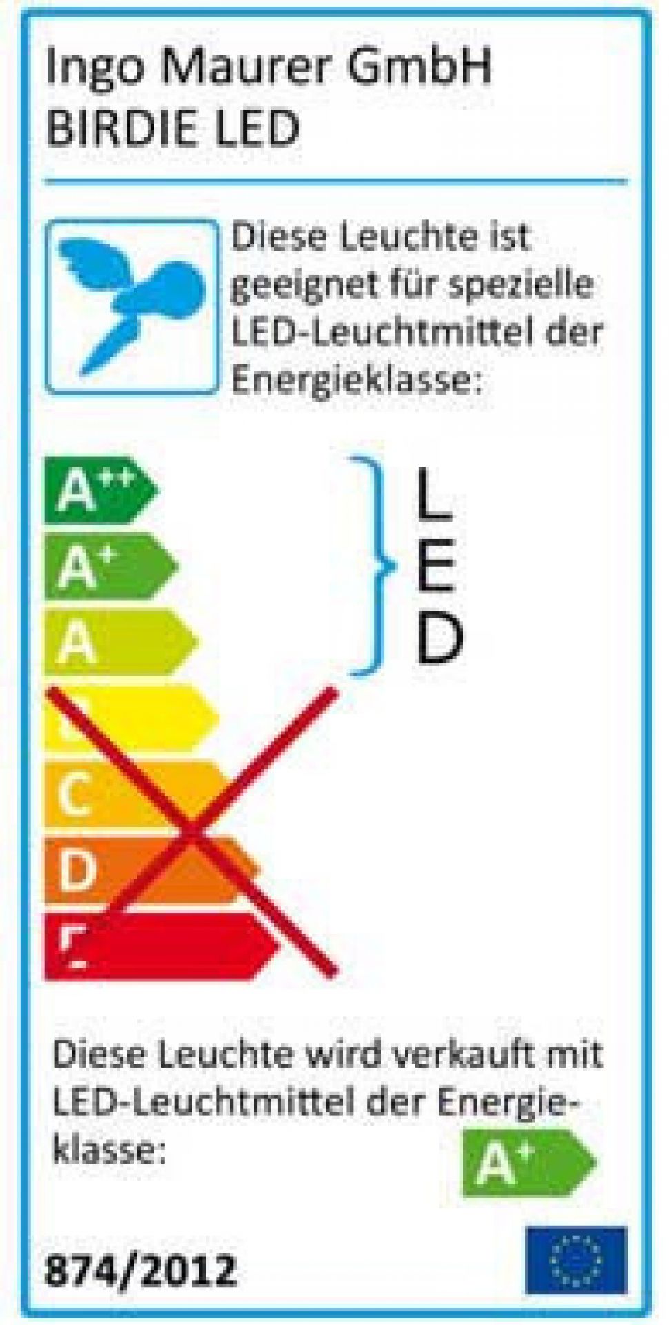 Energielabel für Ingo Maurer Birdie LED Kronleuchter: Energieeffizienzklasse und Informationen zu LED-Leuchtmitteln.
