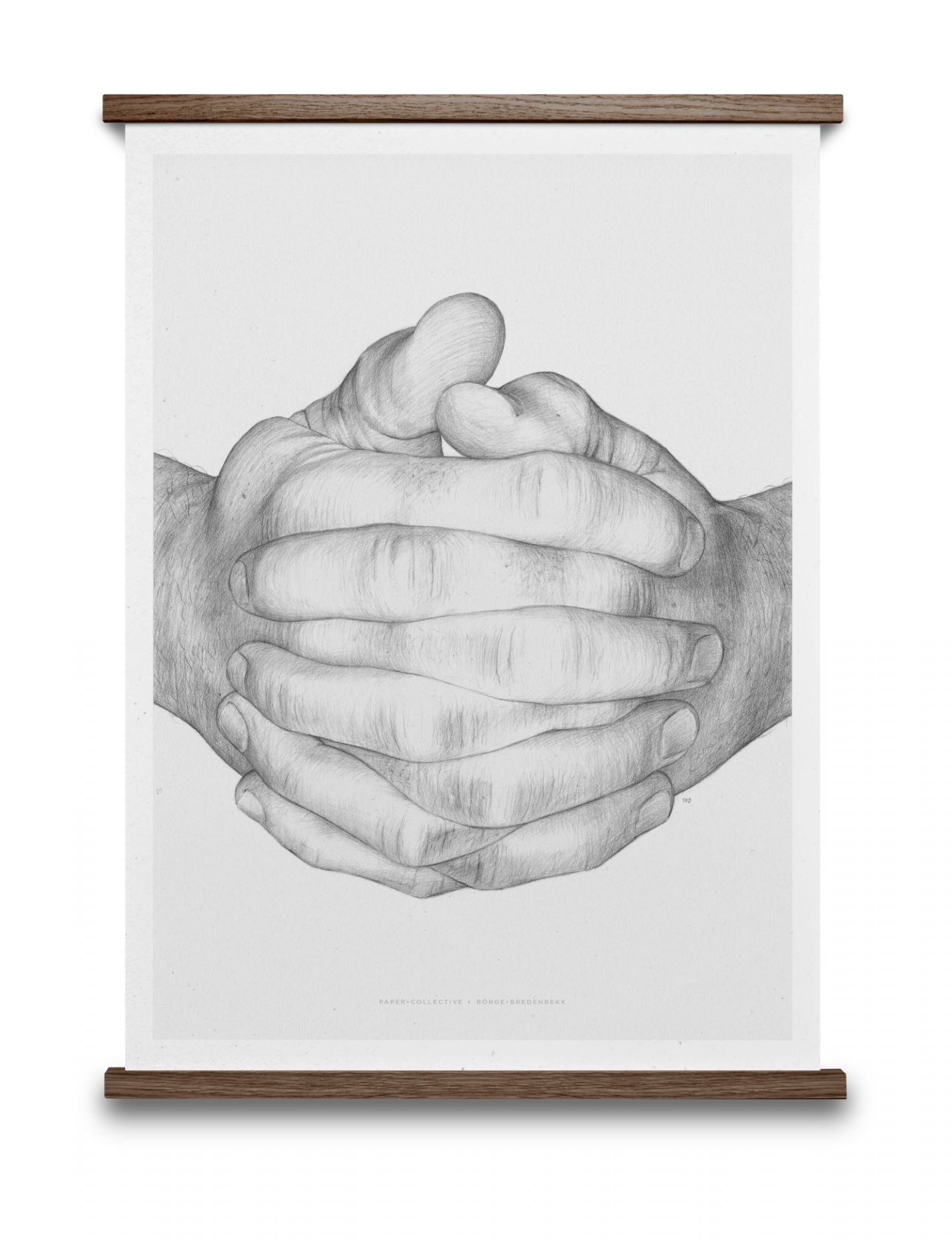 Folded Hands Poster von Paper Collective: Detailreiche Bleistiftzeichnung von ineinander verschlungenen Händen, gerahmt. Kunstdruck für Wanddekoration.