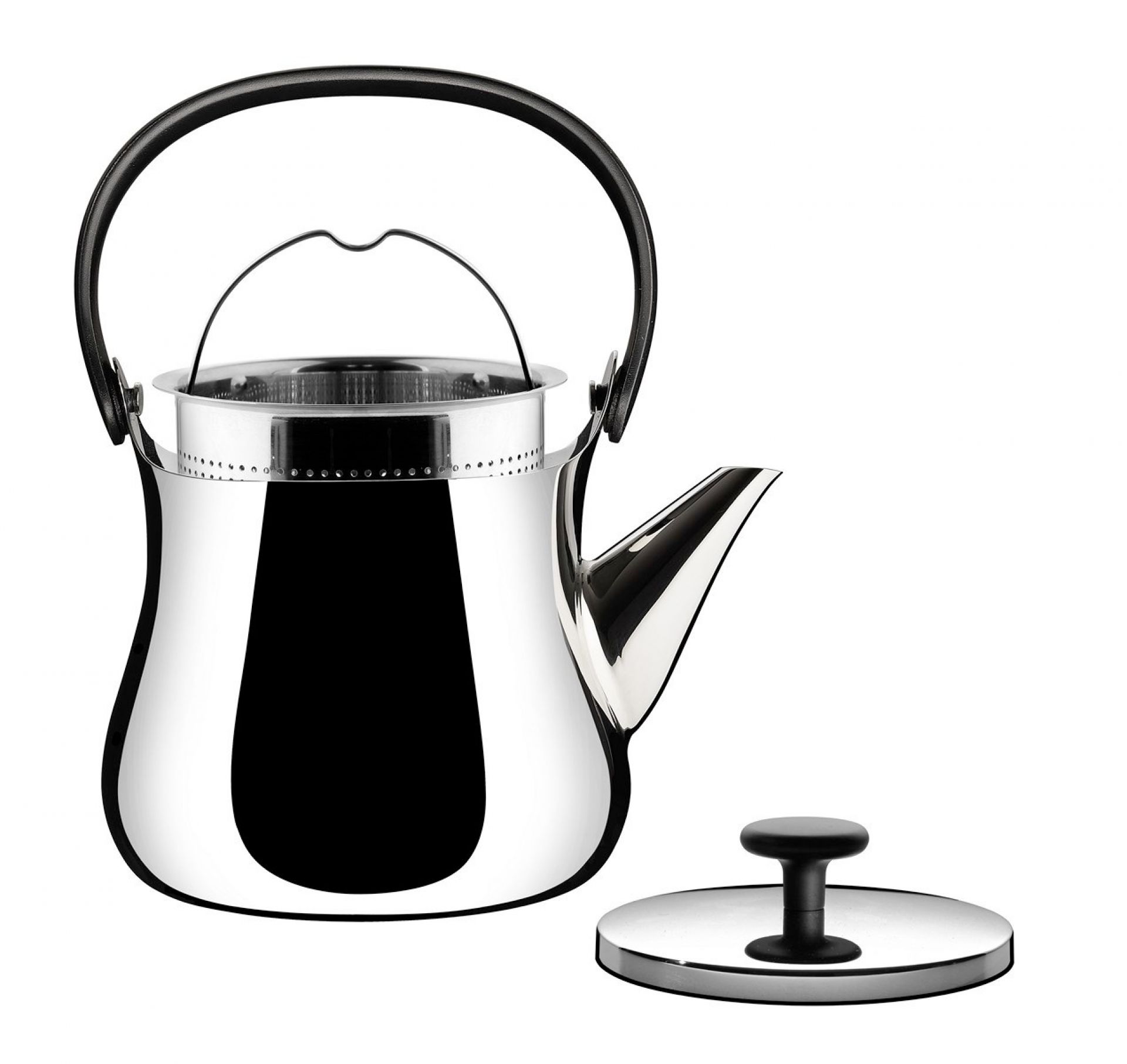 Alessi Cha Teekanne NF01 aus Edelstahl mit schwarzem Griff und Deckel. Teekanne für Teezubereitung.
