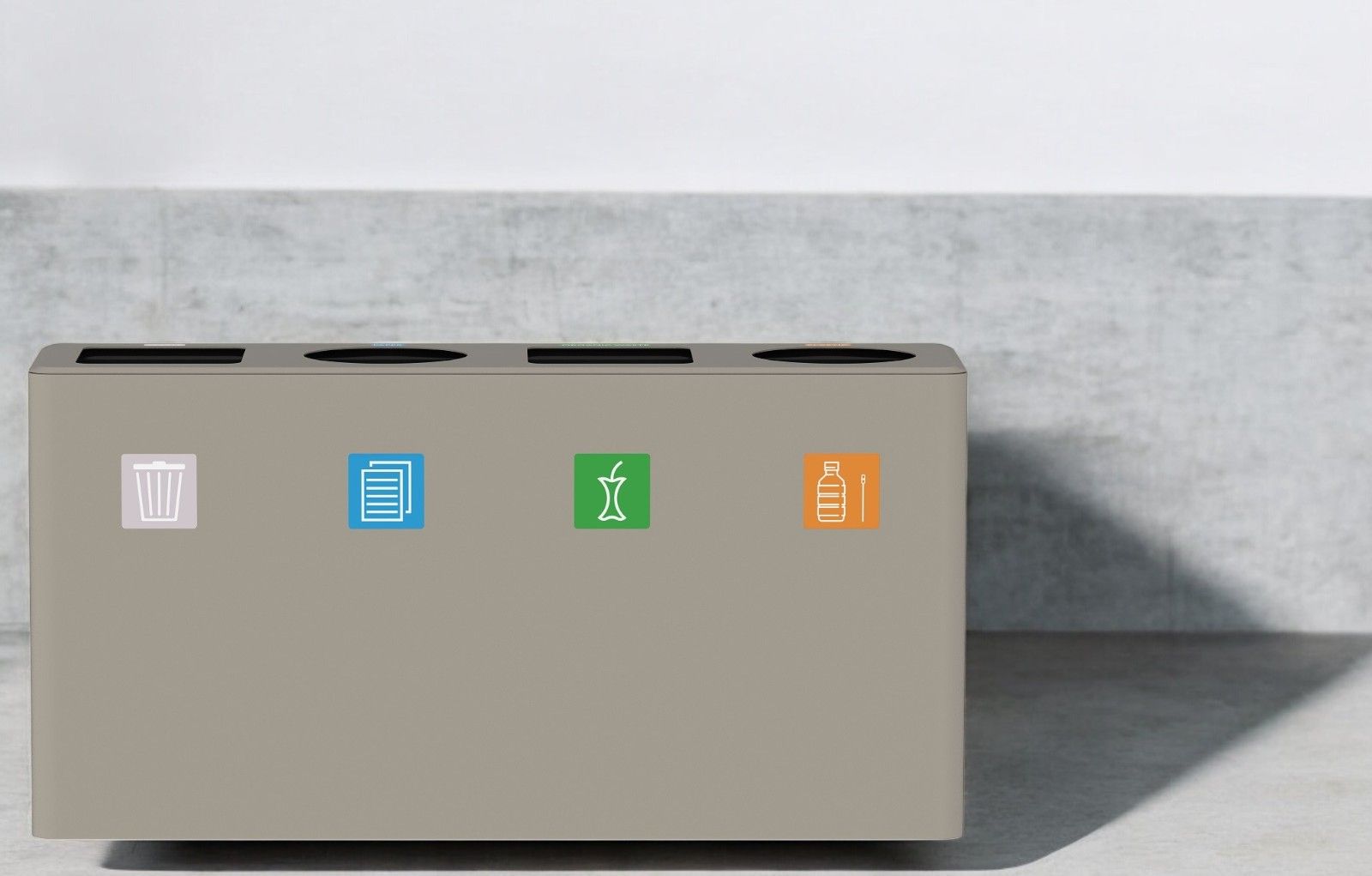 Dunk 4 Abfalltrennsystem für Müll, Papier, Bioabfall und Wertstoffe, ideal für Büro und Haushalt.