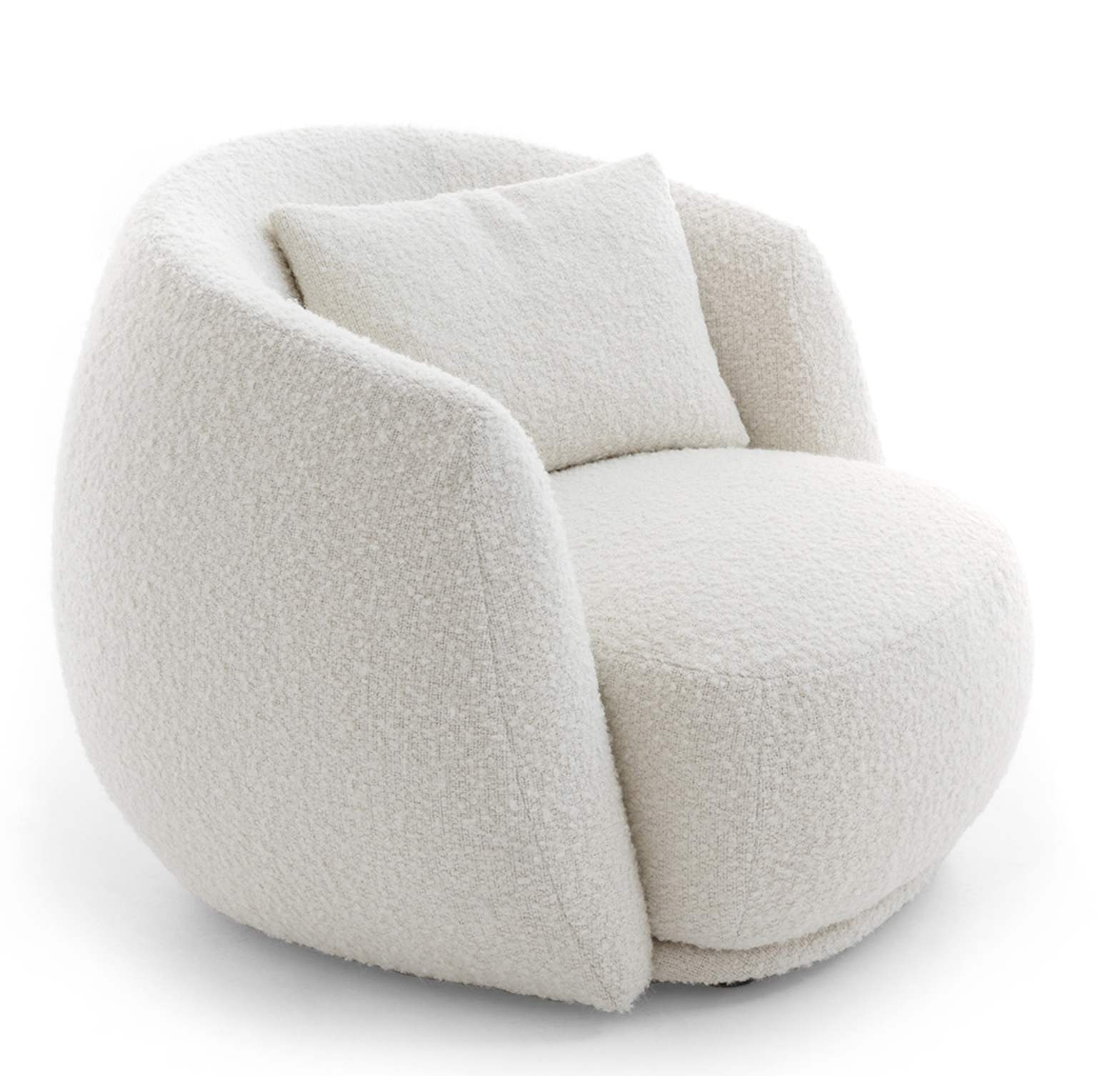 Weißer Pacific Armchair Sessel von Moroso mit weichem Bouclé-Stoff und passendem Kissen.