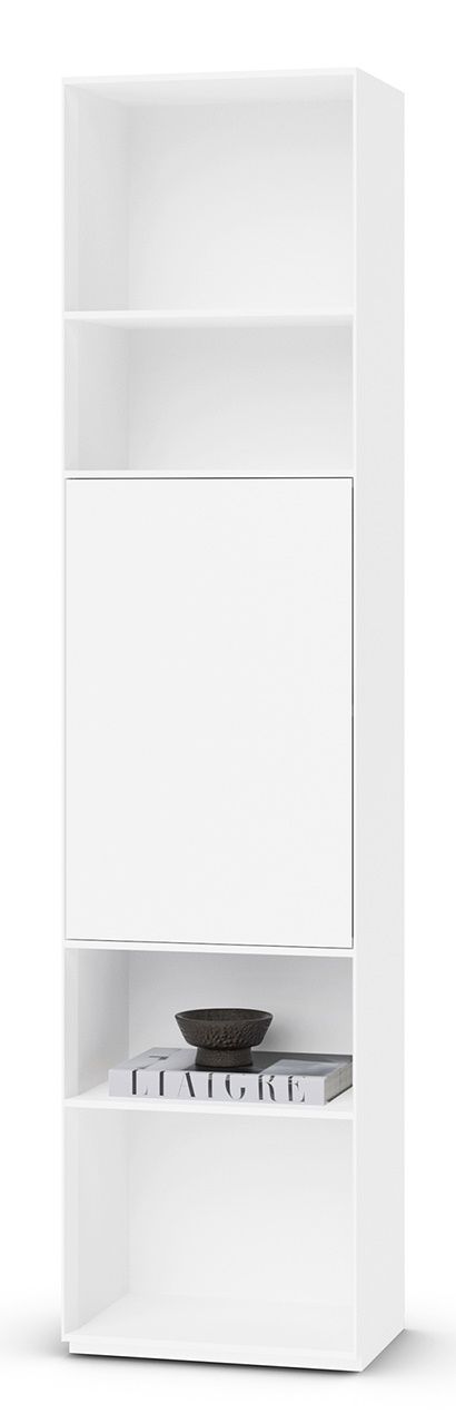 Weißes Nex Pur Regal mit Tür, Fachboden und Deko. Modernes Möbelstück für Wohnraum und Büro.
