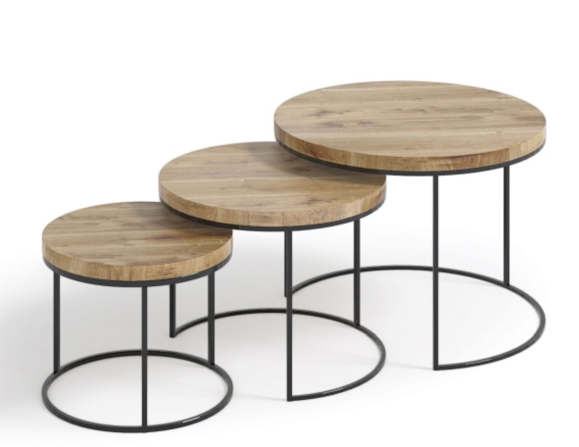 Ett Couchtisch Trebord: Set aus drei runden Beistelltischen mit Holzplatte und schwarzem Metallgestell.