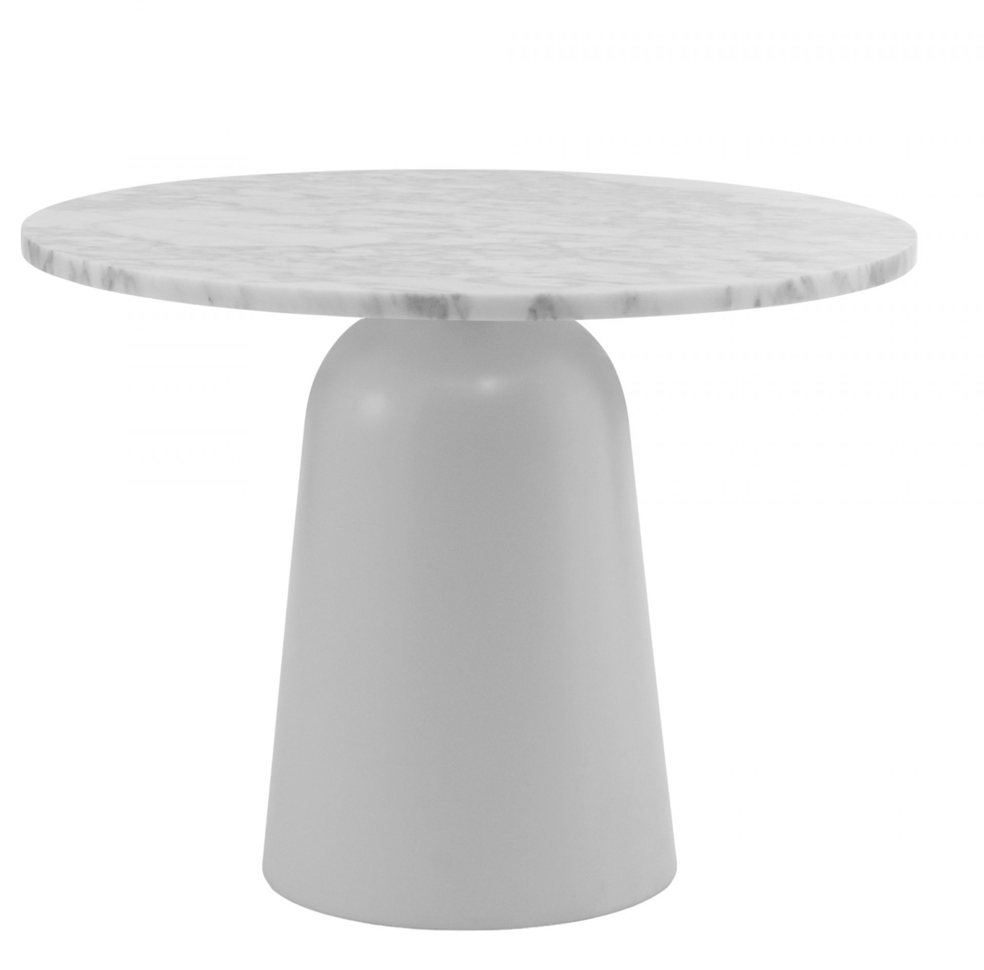 Normann Copenhagen Turn Table Marmor Beistelltisch mit grau lackiertem Stahlfuß und runder Tischplatte aus Marmor.