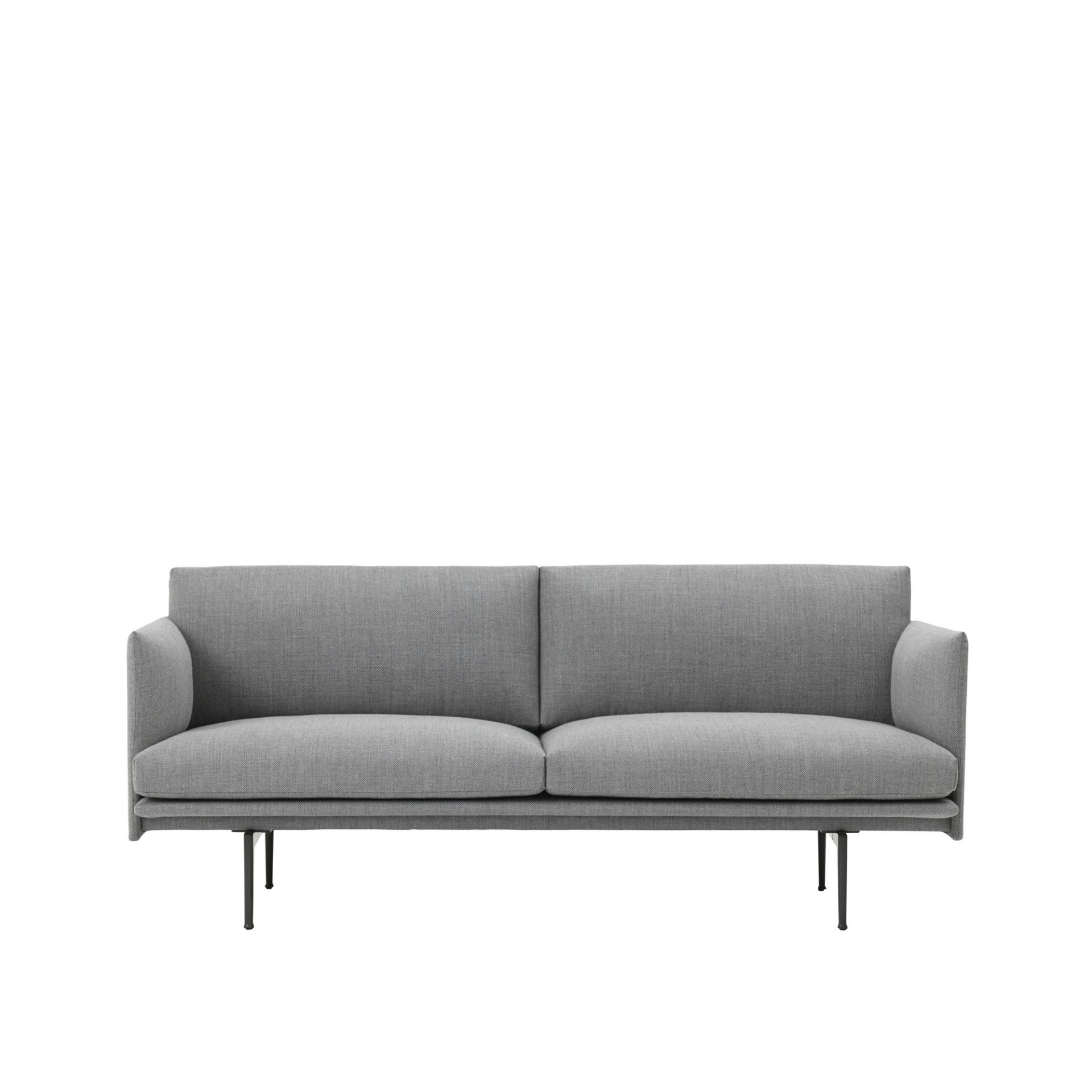 Graues Muuto Outline Sofa, 2-Sitzer mit minimalistischem Design und schwarzen Metallbeinen. Modernes Wohnzimmermöbel.