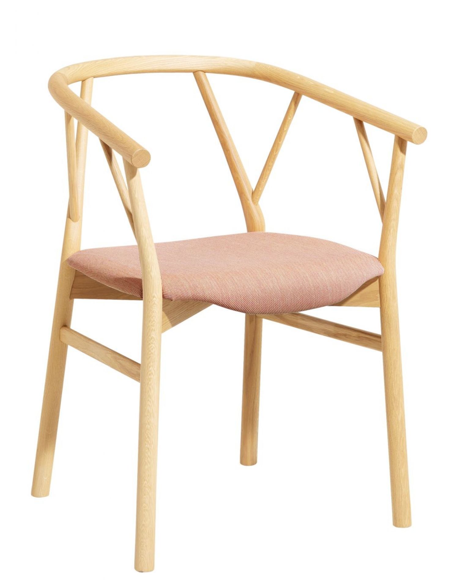 Valerie Stuhl mit Armlehne von Miniforms, Holzgestell und rosa Stoffbezug, modernes Möbeldesign.