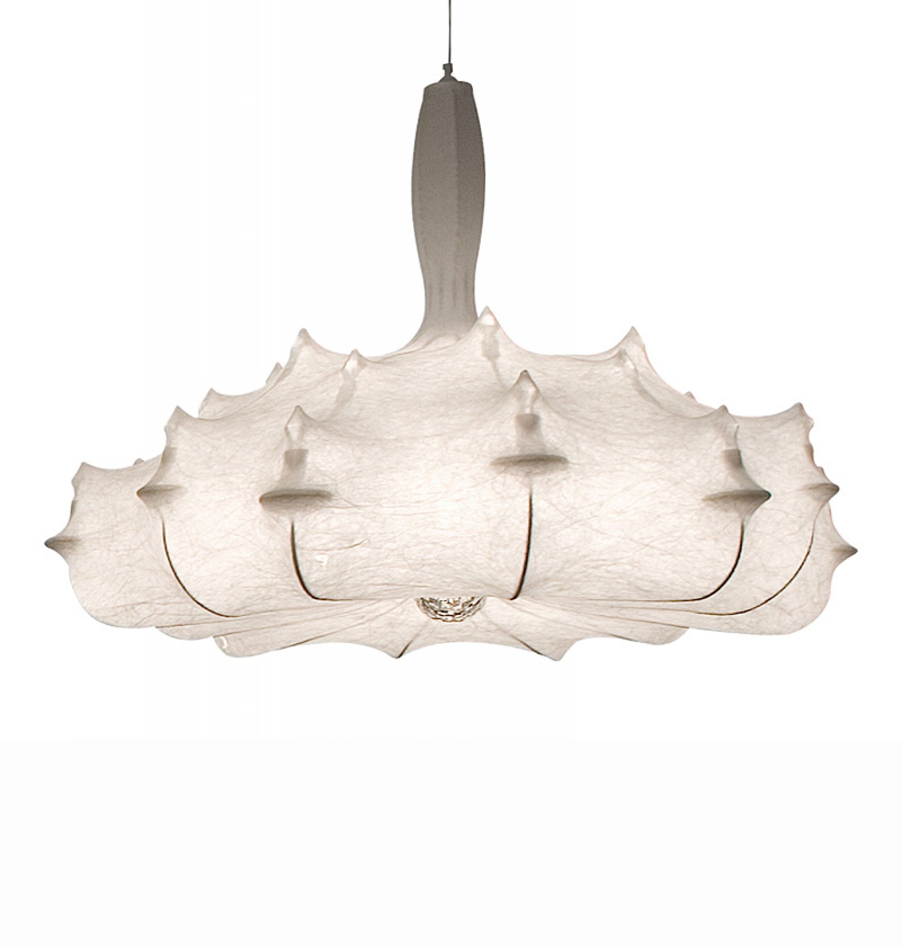 Weiße Zeppelin Hängeleuchte von Flos mit kokonartigem Diffusor und zentralem Kristall, moderne Innenbeleuchtung.