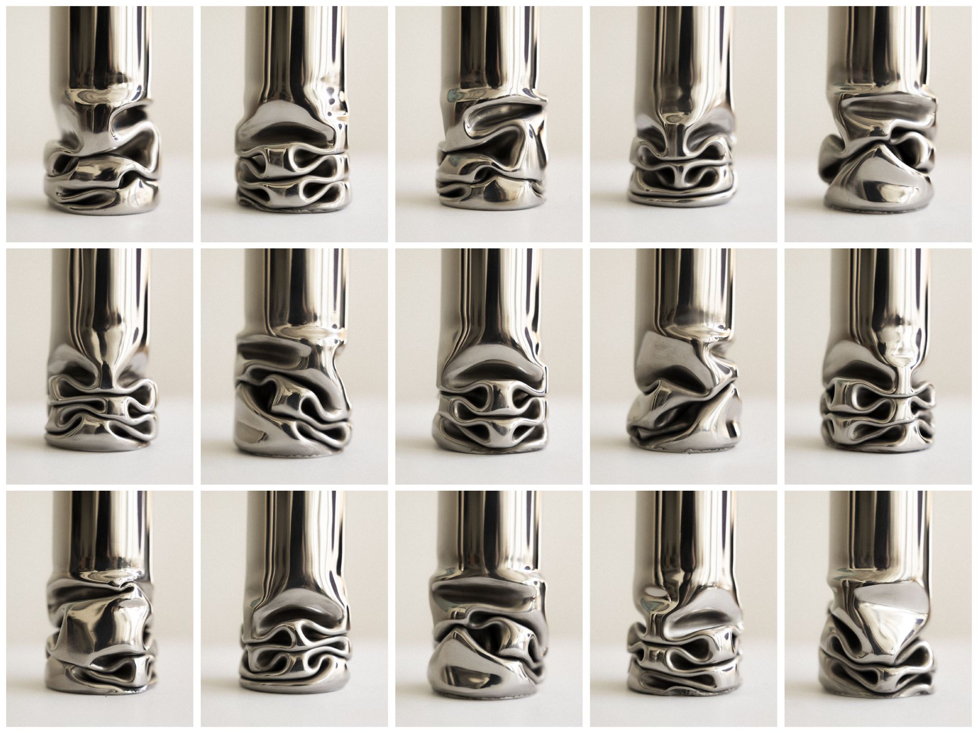 Nahaufnahme der Hydraulic Vase von Design House Stockholm, silberne Metallvase mit einzigartiger, verformter Textur.